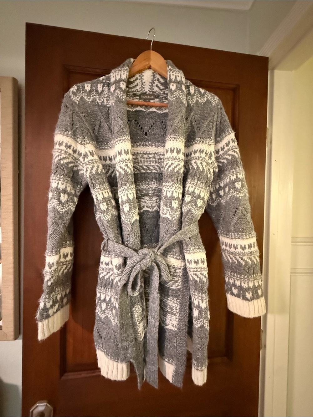 Style & Co. Gray and Cream Fair Isle Belted Cardigan
